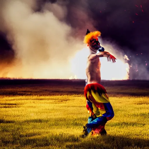 Prompt: man wearing clown makeup dancing in field on fire, cinematic lighting, 8 k