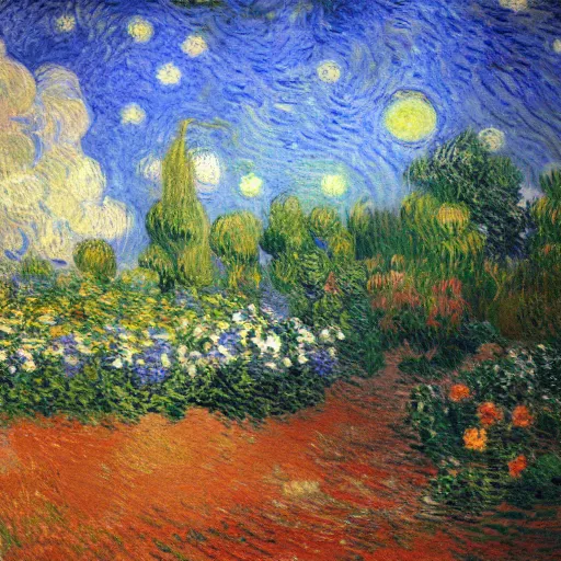 Prompt: a landscape portrait on the moon of an ethereal garden with a wooden bench in the middle , Monet and Vincent van Gogh trending on artstation, omnious, soft, hypermaximalistic, high details, cinematic, 8k resolution