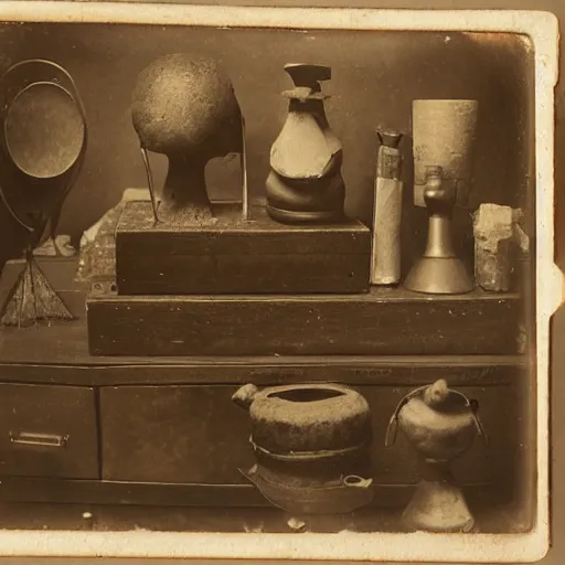 Image similar to Tintype photograph of primitive objects and a ready-made displayed in an ethnographic museum, archive material, anthropology, 1920s studio lighting.