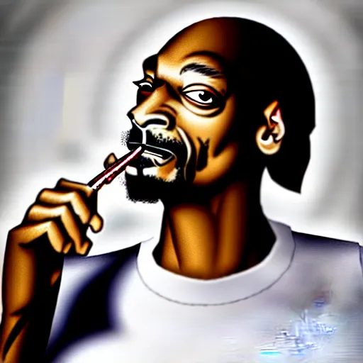 Image similar to Snoop Dog with big eyes eye color red , smiling and holding a joint in his hand