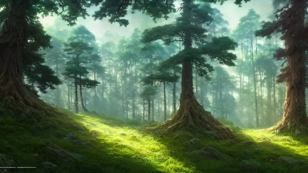 Image similar to forest clearing landscape, studio ghibli, pixar and disney animation, sharp, rendered in unreal engine 5, highly detailed, digital painting, artstation, concept art, smooth, sharp focus, illustration, wide angle, artbook, wallpaper, splash art, promo art, dramatic lighting, art by artgerm and greg rutkowski and bo chen and jin xiaodi