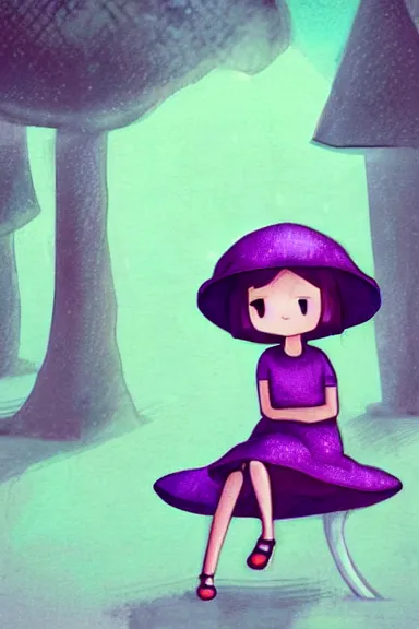 Image similar to a little girl wearing a mushroom hat in dress sitting | | purple curvy hair, pretty face, fine details, digial art by lois van baarle, anatomically correct, perfect composition, symmetrical, fantastic, clean details, anime character