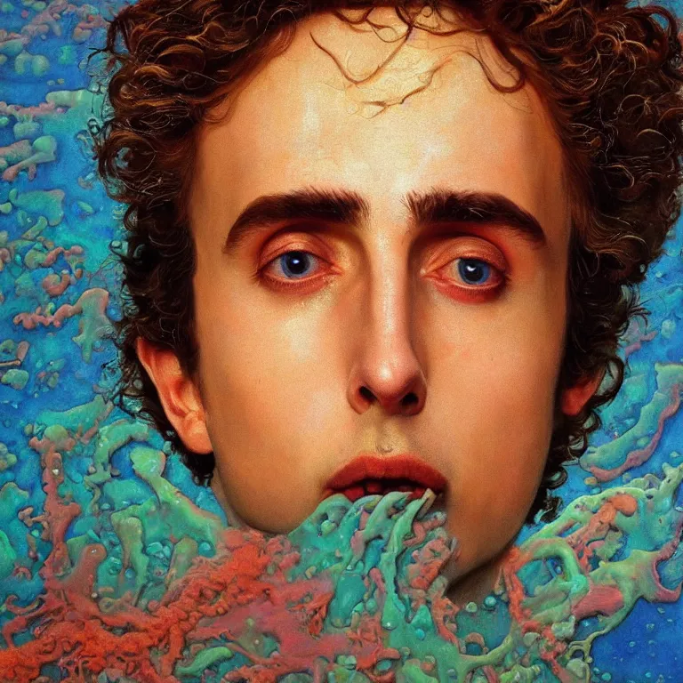 Image similar to Hyperrealistic intensely colored close up studio Photograph portrait of a deep sea bioluminescent Timothy Chalamet covered in chromatophores, symmetrical face realistic proportions eye contact golden eyes, laughing and sitting on a Rock underwater, award-winning portrait oil painting by Norman Rockwell and Zdzisław Beksiński vivid colors high contrast hyperrealism 8k