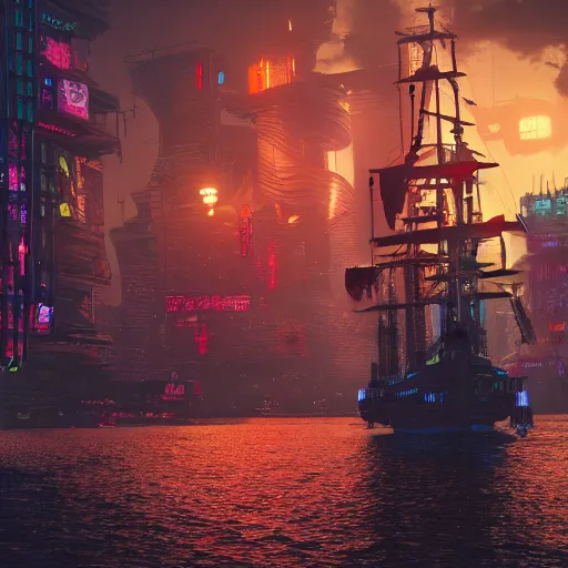 Image similar to high quality photo of a pirate ship in a cyberpunk cyberpunk cyberpunk city, realism, 8k, award winning photo