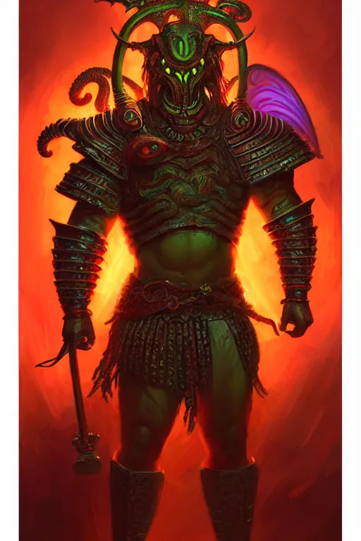 Image similar to attractive beefy male with armor, tang dynasty, character design, colorful, neon lights, cthulhu, painting by gaston bussiere, craig mullins, j. c. leyendecker, tom of finland