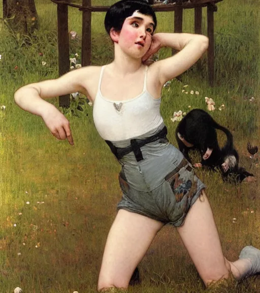 Prompt: a pig with black hair and long pixie haircut in shorts with suspenders and white t-shirt drawn by Alexandre Cabanel, norman rockwell, juan gimenez, maler collier, frank frazetta, alphonse mucha, gustav klimt 4k, unreal 5, DAZ, french noveau, trending on artstation, octane render, hyperrealistic