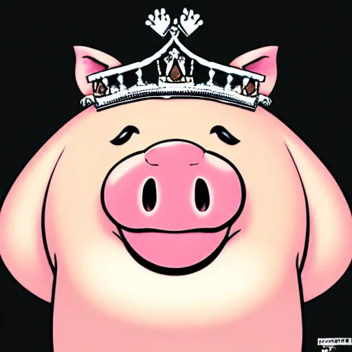 Prompt: comic art of a cute obese pig smiling in a black shirt wearing a crown eating snacks, drawn by Bruce MacKinnon, 4K