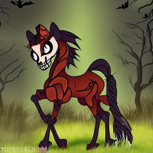 Prompt: spooky scary skeleton pony in the style of disney into the woods