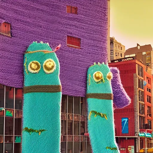 Image similar to a large monster made out of yarn is attacking the center of the city at magic hour,