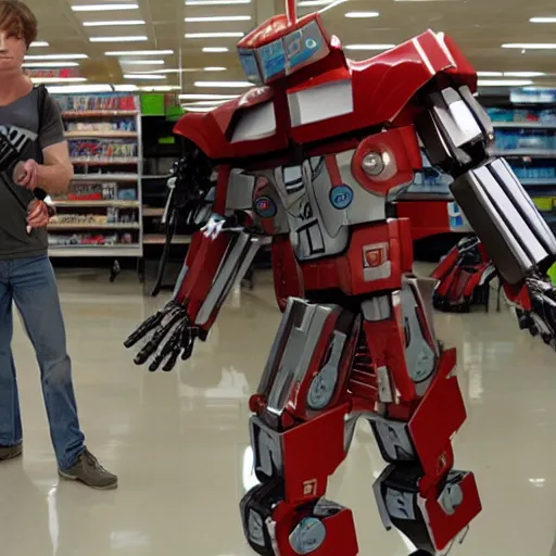 Image similar to dexter morgan fighting a transformer robot at kmart