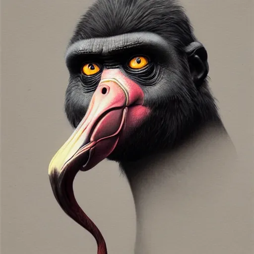 Prompt: Portrait of an anthropomorphic flamingo, Gorilla, Geko, Cat, highly detailed, digital painting, artstation, concept art, smooth, sharp focus, illustration by Artgerm and Greg Rutkowski and Tom Bagshaw