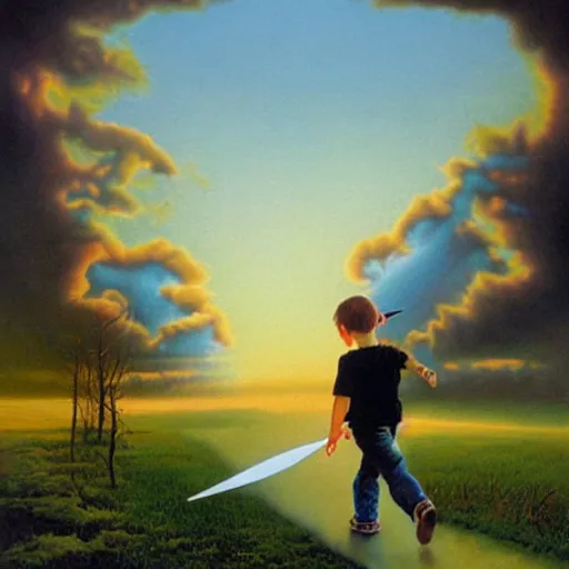 Image similar to a disappearing running child holding scissors in hand disappears evaporates dissolves into vapor, mist, smoke, a detailed matte painting by John Philip Falter and Jason Edmiston