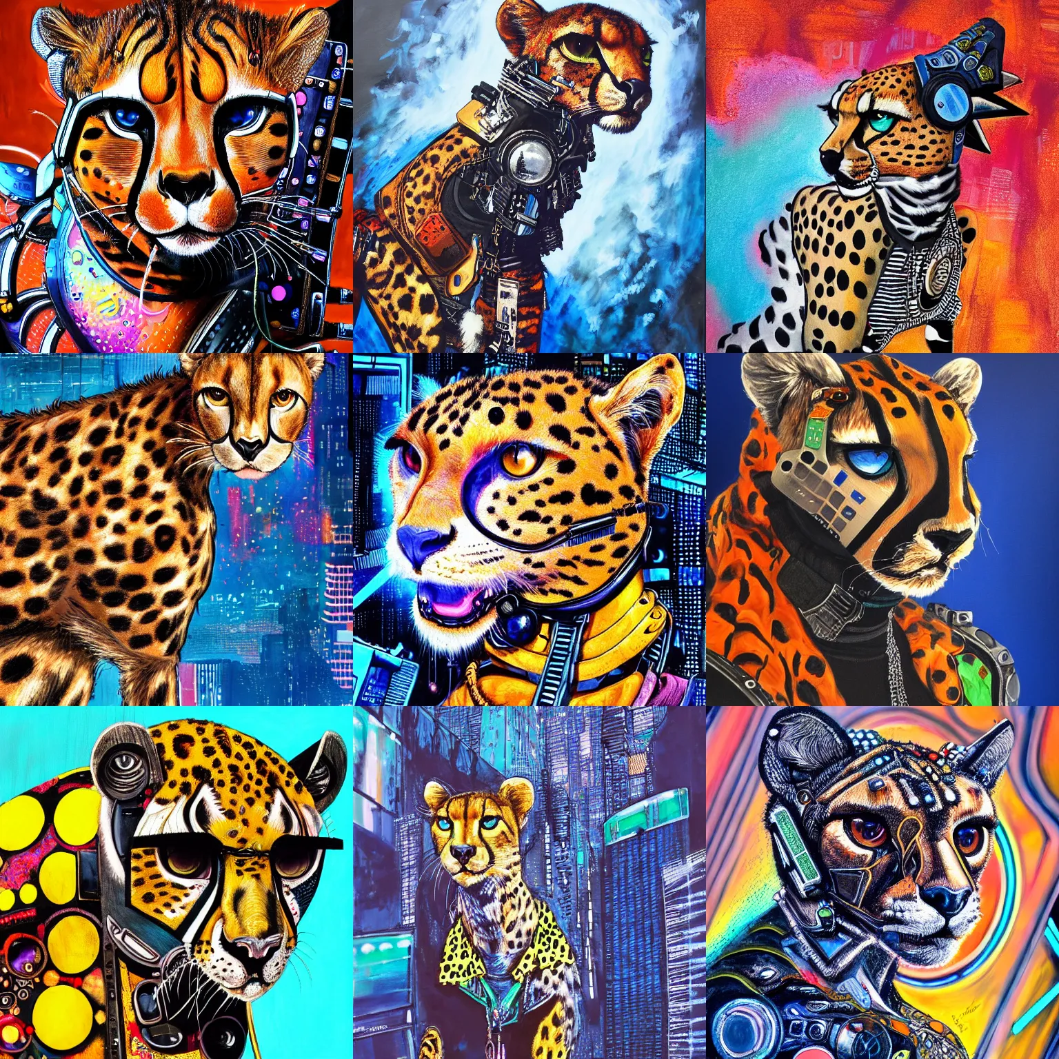 Prompt: a detailed mixed media painting of a avant - garde fashionable analog cyborg cheetah wearing a cyberpunk vest in the style of futuristic, fantasy, dark fantasy, magic realism, vivid color scheme, crisp, depth of field, low angle shot,