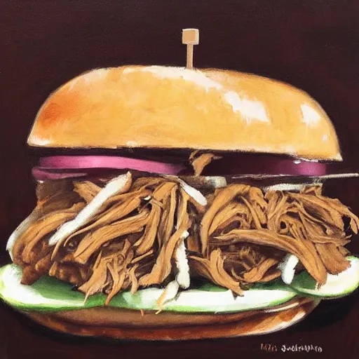 Image similar to pulled pork sandwich, artwork of time okamura