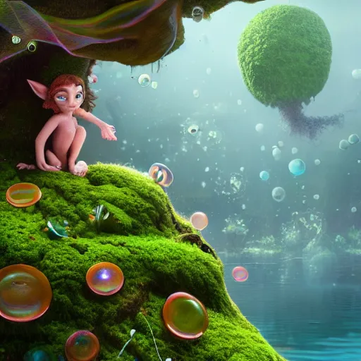 Image similar to tiny satyr, moss, floating, rbc, radiolaria, protophyta, micro - organisms, center frame, symmetric, rim light, marine microbiology, underwater, bioluminescence, electric, soft, concept art, intricate details, highly detailed, colorful, photorealistic, disney pixar, octane render, iridescent