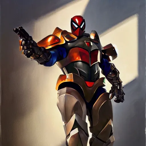 Image similar to greg manchess portrait painting of armored spiderman as overwatch character, medium shot, asymmetrical, profile picture, organic painting, sunny day, matte painting, bold shapes, hard edges, street art, trending on artstation, by huang guangjian, gil elvgren, ruan jia, greg rutkowski, gaston bussiere