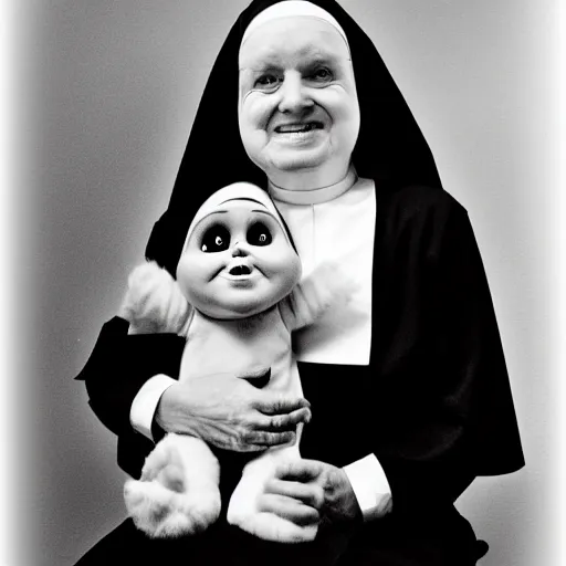 Image similar to a nun in church holding chucky the killer doll on her lap