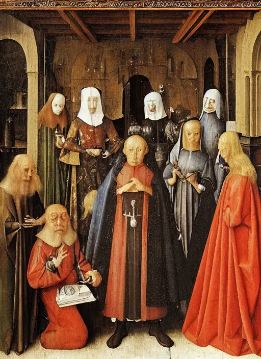 Prompt: Medici family by Jan van Eyck, Hieronymus Bosch, highly detailed medieval painting,