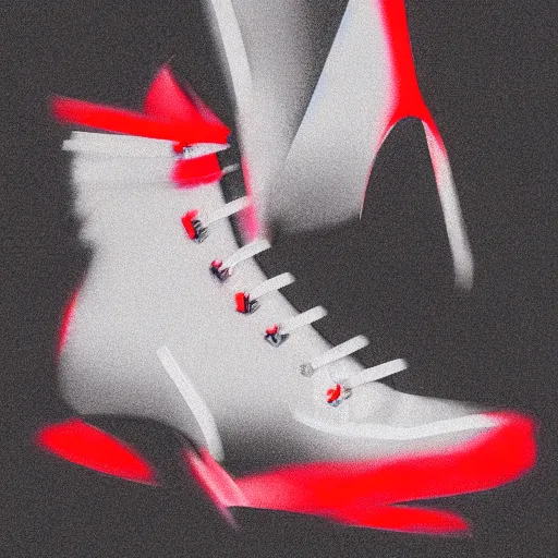 Prompt: concept art of a highlheeled sneaker, in style of yohji yamamoto, voluemtric lighting, cinematic, red + white + black complicated colors