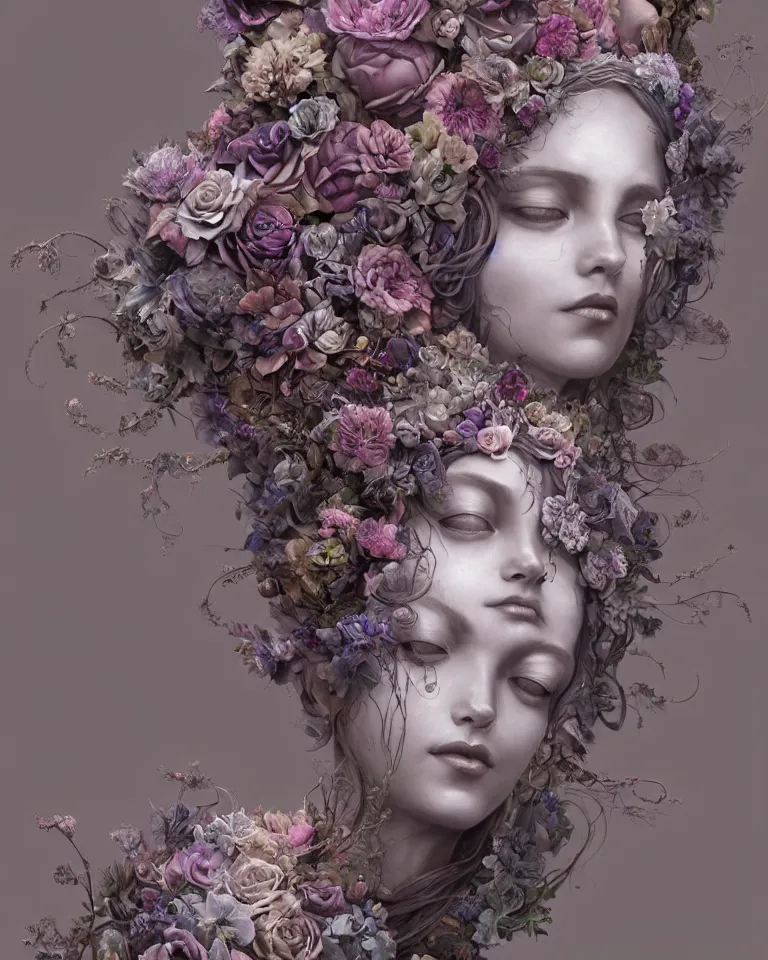 Prompt: a sculpture of a gorgeous etherial female, made of mist, made of flowers, Andrew Ferez, Charlie Bowater, Marco Mazzoni, Seb McKinnon, Ryohei Hase, lovecraftian, cosmic horror, trending on cgsociety, featured on zbrush central, grotesque, vanitas, new sculpture, mystical