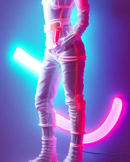 Image similar to full body shot of young punk woman dressed in futuristic cyberpunk clothing, neon light, soft diffused light, bjork aesthetic, translucent, by rineke dijkstra and artgerm, intricate details, highly detailed, masterpiece, 8 5 mm