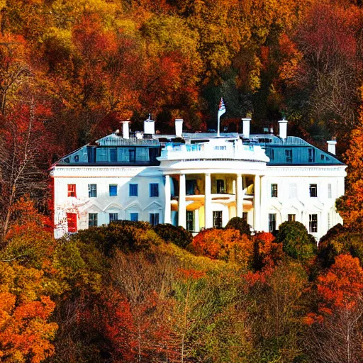 Image similar to crisp painting of a white house in an autumn forest