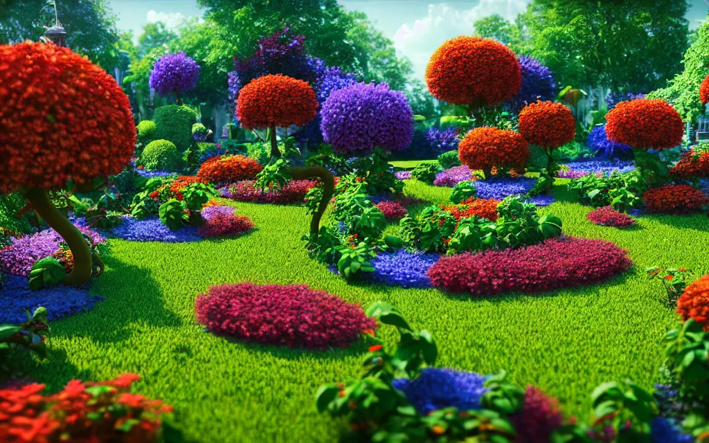 Prompt: a sprawling garden with many flowers and vines, sunny day, beautiful lighting, vivid colors!, highly detailed, cinematic, octane render, 4 k, trending on artstation, deviantart featured