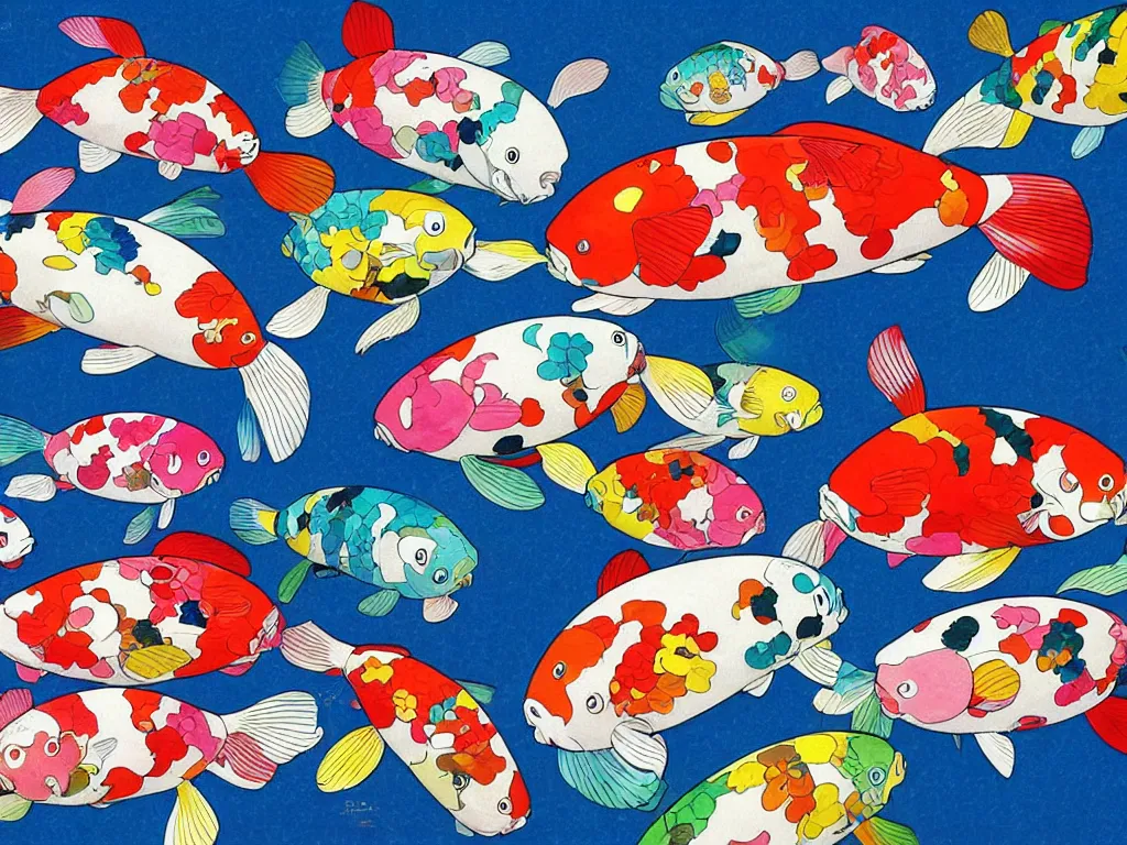 Image similar to colorful koi carp collage by takashi murakami, illustration, concept art, colorful, beautiful, studio ghibli, aoshima chiho, manga, cute and adorable