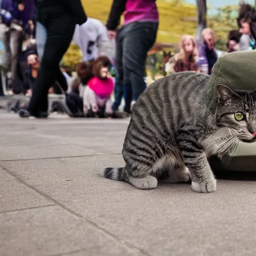 Prompt: A cat fighting a human army