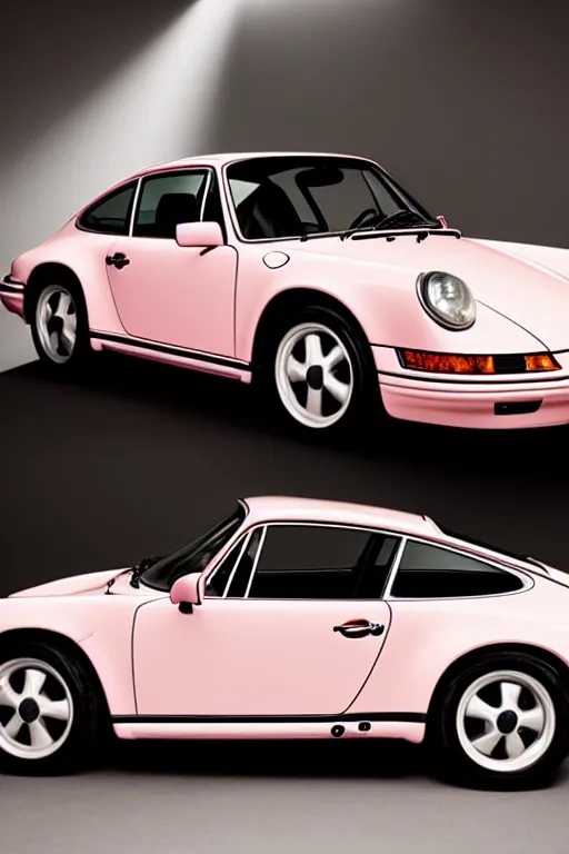 Image similar to Portrait of a light pink Porsche 911 Carrera 3.2 under a studio lamp in a dark room, photoshoot for vogue magazine.