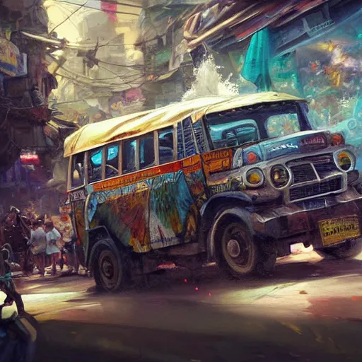 Image similar to an expressive painting of a filipino jeepney driving in the crowded dirty streets of the Philippines , hearthstone coloring style, artwork by greg rutkowski, epic fantasy style art, highly detailed, 8k resolution, hyperrealistic, Maya render