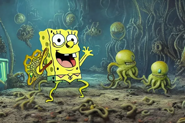 Image similar to Spongebob Cthulhu the world eater, photorealistic still from Alien Planet