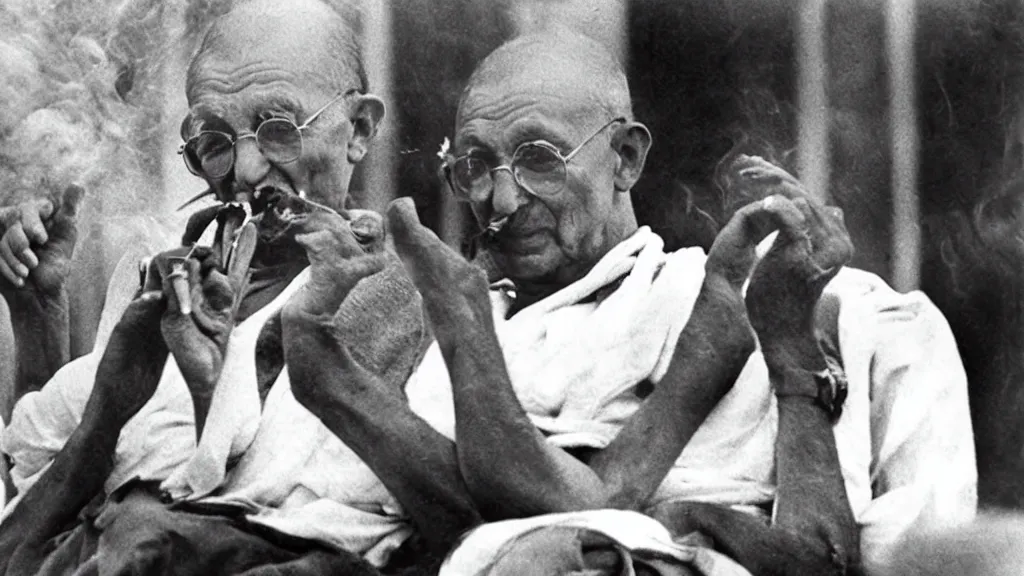 Prompt: gandhi smoking infront of press in a conference, historic old photograph