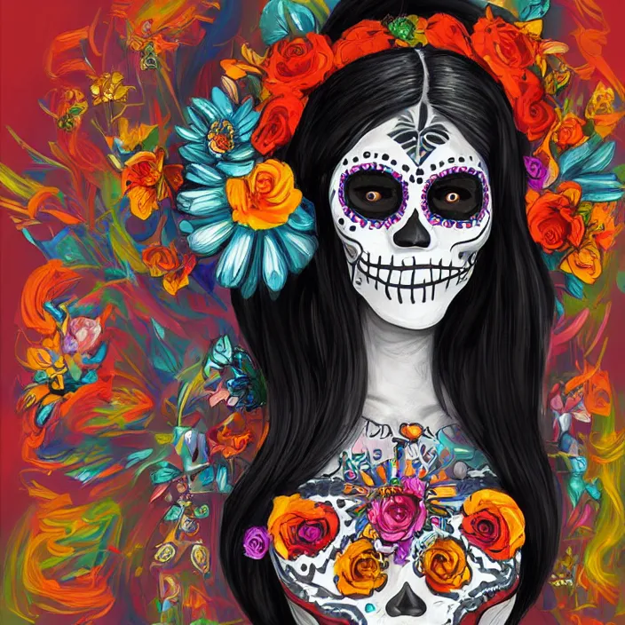 Image similar to a smiling girl with long black hair, her paint painted as dia de los muertos, by alozuniga. with the style of arcane ( 2 0 2 1 ). digital draw, digital art, trending on instagram, digital painting.