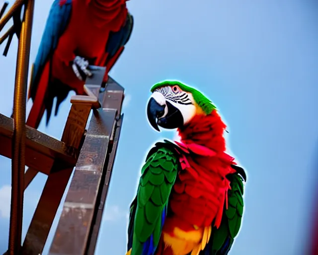 Prompt: low angle photo of a parrot on a pirate ship, rule of thirds