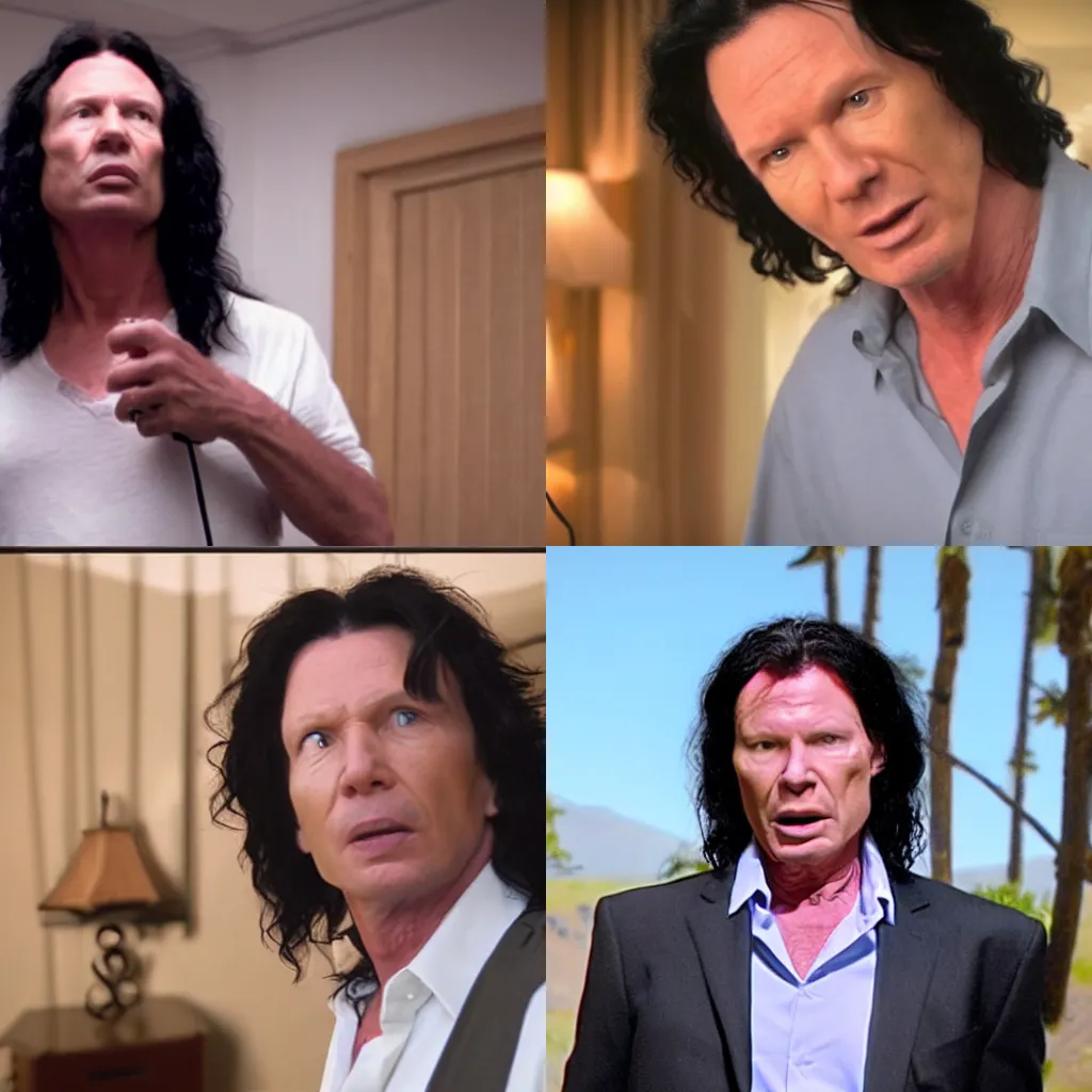 Prompt: film still of Neil Breen in Tommy Wiseau's The Room