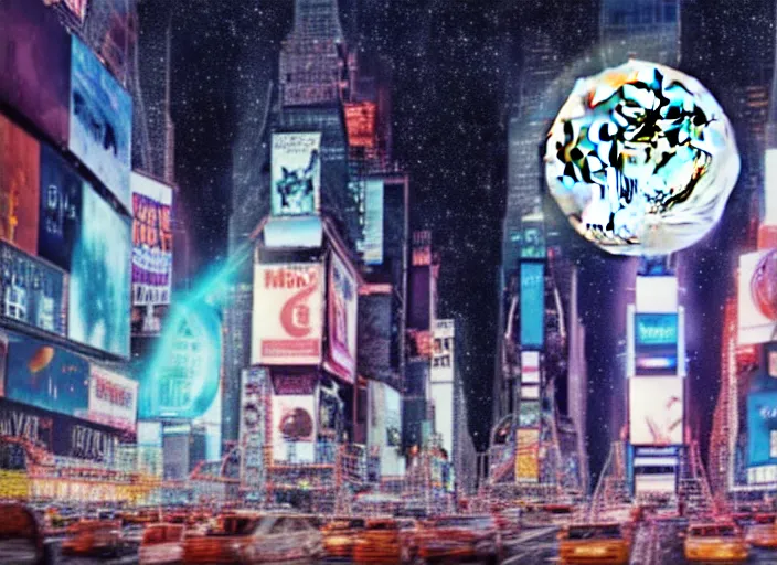 Image similar to film still of the moon shattering into pieces over time square in the new sci - fi movie, 8 k, night time