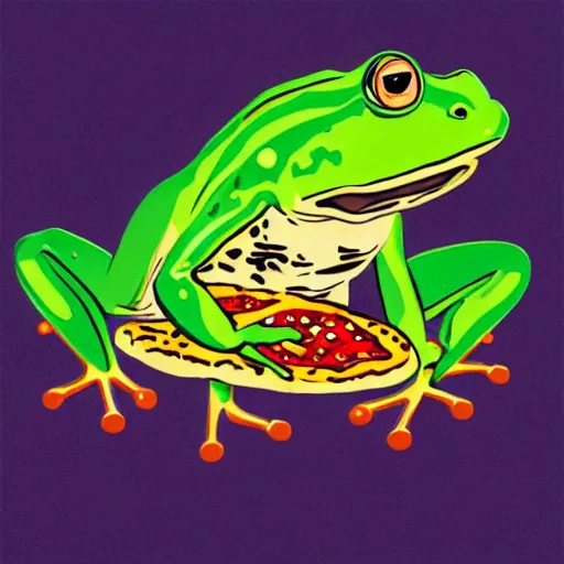 Image similar to artistic rendition of a bullfrog eating a pizza, trending, very award-winning, unmistakable, froggy