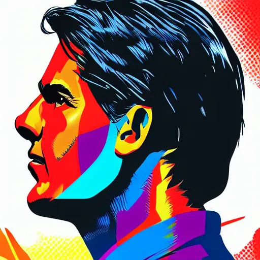 Prompt: portrait pop art comic illustration of Tom Cruise, profile view, bright colors, high detail, angry, sullen