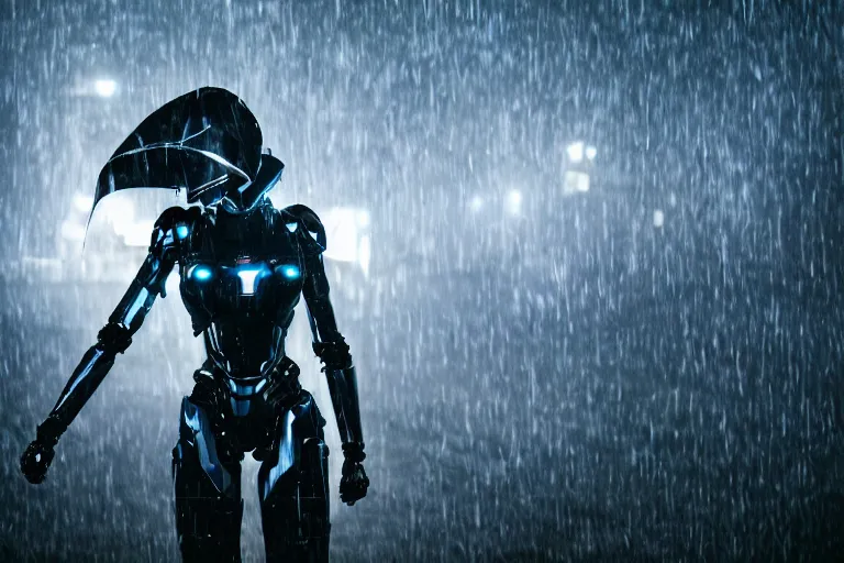 Image similar to closeup vfx marvel sci-fi woman black super hero robot photo real full body action pose, city street cinematic lighting, rain and fog by Emmanuel Lubezki