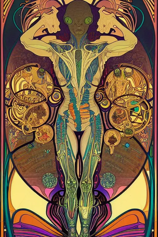 Image similar to extremely psychedelic anatomically accurate diagram of alien species, full body, intricate parts, fine details, hyper realistic, elegant minimalism, by seichen, alphonse mucha, surreal