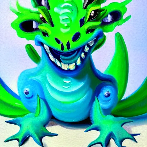 Prompt: a cute blue and green dragon, chubby, oil on canvas, furry