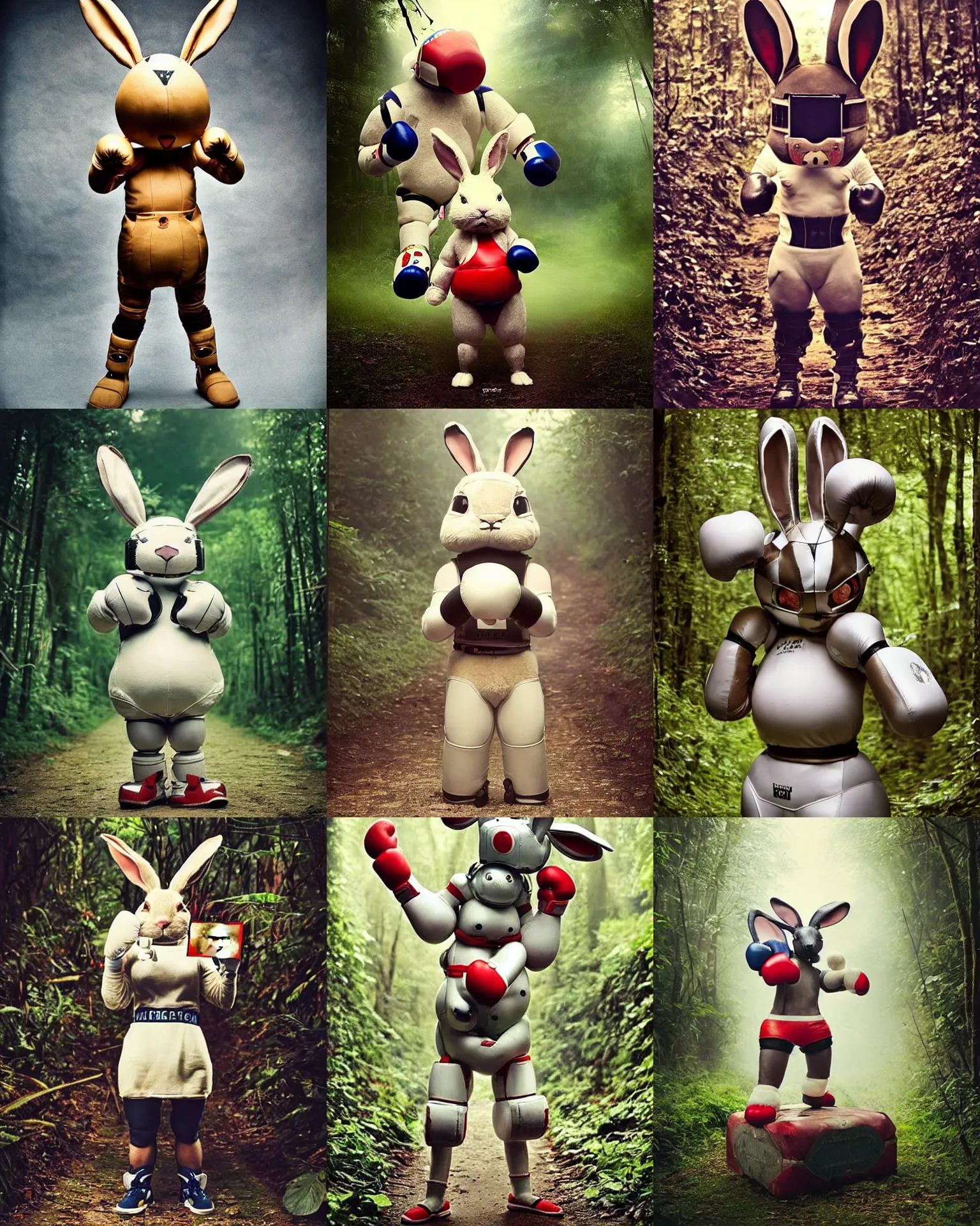 Prompt: boxing champion pose !! giant oversized battle rabbit robot chubby mech baby as boxing champion with gloves!!! with big ears and rabbit , on a jungle forest , full body , Cinematic focus, Polaroid photo, vintage , neutral dull colors, soft lights, foggy ,random weather, by oleg oprisco , by victor enrich