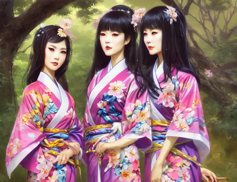 Image similar to two beautiful fashion taiwan girls wear fantasy yukata in festival | | big eyes, sunny, dreamlike art, realistic shaded, smile, good looking, fine details, 4 k realistic, cryengine, realistic shaded lighting poster by greg rutkowski, magali villeneuve, artgerm, jeremy lipkin and michael garmash and rob rey