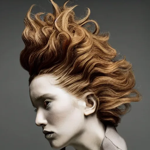 Prompt: a beautiful young female model wearing an intricate hair sculpture made by cassey powell, photoshot by erwin olaf