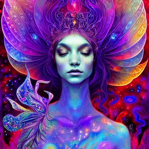 Image similar to An extremely psychedelic crystalline soul fairy, multifaceted, crystals, surreal, dramatic lighting, magic mushrooms, psilocybin, LSD, face, detailed, intricate, elegant, lithe, highly detailed, digital painting, artstation, concept art, smooth, sharp focus, illustration, art by Krenz Cushart and Artem Demura and alphonse mucha