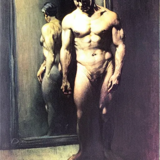 Prompt: a man looking in a mirror, frank frazetta