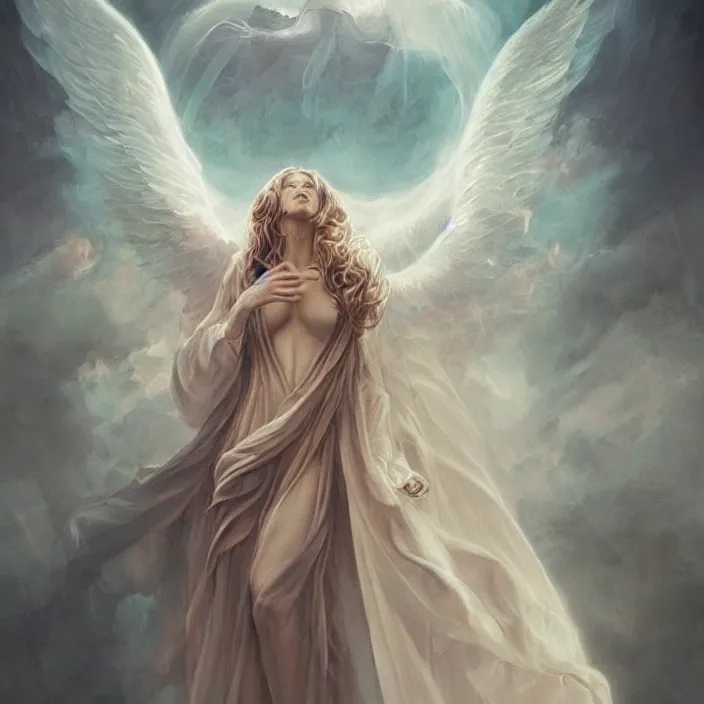 Prompt: faceless lovecraftian angel in flowing robe on half facemask, full figure model with wings descending from clouds linework, dramatic lighting, charlie bowater, jack kirby, tom bagshaw, arstation trending, intricate detail, elegant flowing vapor, moebius