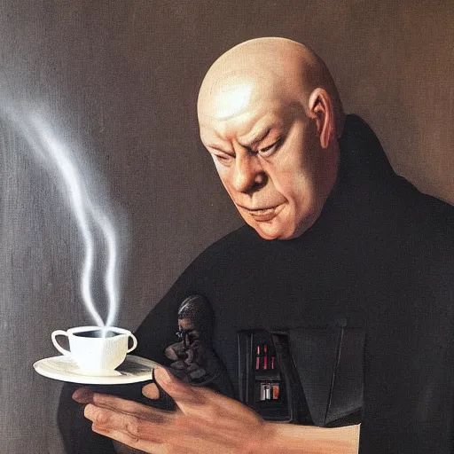 Image similar to darth vader sits on a chair behind a coffee salt on a summer veranda and holds in his hand a small china cup with tea from which steam comes out, in the stylization of paintings of romanticism, detailed facial proportions