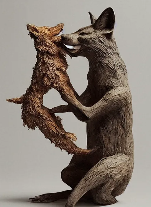 Image similar to sculpture of rat kissing the fox made of wood, portrait, female, future, wood, tree, harper's bazaar, vogue, magazine, insanely detailed and intricate, concept art, close up, ornate, luxury, elite, elegant, trending on artstation, by ruan jia, by Kenneth Willardt, by ross tran, by WLOP, by Andrei Riabovitchev,